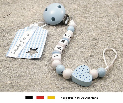 kleinerStorch Baby Schnullerkette mit Wunschnamen – Jungen Motiv Herz babyblau - 2