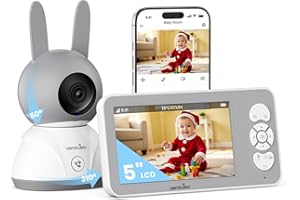 wansview 1080P/5" Babyphone Camera, Camera Bebe Surveillance 2,4/5GHz PTZ avec Écran LCD, 3000mAh, ECO, Vision Nocturne, Capteur de Température/Humidité/Mouvement/Pleur, Suivi Automatique, Berceuses