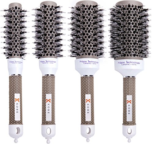 Professional Hairdresser's Ionic Dual-Bristle Brushes - Set of 4 - Heat-Retaining Ceramic Barrel & Boar & Nylon Bristles