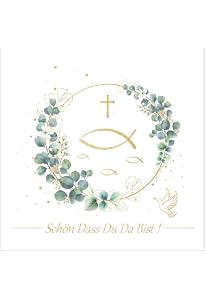 60 Kommunions-Servietten 'Peaceful Fisch' Weiß & Silber-grau – Mit Liebe, Glaube, Hoffnung Aufdruck Für Taufe, Konfirmation
