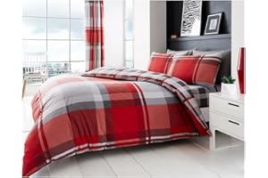 GC GAVENO CAVAILIA Geometric Check Duvet Cover Set King Size – Reversible Bedding Set with Matching Pillowcases, Soft Easy Care Bed Set, Red