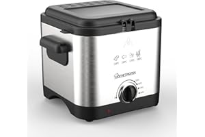 Hometronix Compact 1.5L Deep Fryer, Chip Pan Fat Fryer - 1000W with Adjustable Thermostat (70ºC-190ºC), Cool-Zone Tech, Stainless Steel, Easy Clean Viewing Window