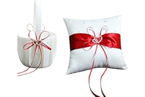 WERTSWF Coussin porteur d'alliances et panier de demoiselle d'honneur, strass en satin blanc pétales, coussin d'anneau pour demande en mariage, cérémonie de fiançailles