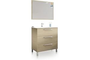 duehome | Mueble de Baño con 3 Cajones y Espejo, Modulo Lavabo, Modelo Feel, Acabado en Roble, Medidas: 80 cm (Ancho) x 86 cm (Alto) x 45 cm (Fondo)