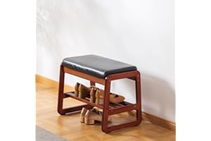 SOBIBO Solid Wood Shoe Bench, 2-Tier Wooden Storage Entryway Bench, Mid-Century Modern Shoe Bench Rack, End of Bed Bench with Faux Leather Cushion for Hallway, Living Room (Black, 55cm，21.65 inches)