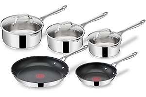 Tefal Jamie Olivers Cook's Direct Inox Batterie de cuisine 8 pcs, 2 poêles, 3 casseroles + couvercles, Revêtement antiadhésif, Indicateur de cuisson, Poignée sûre rivetée, Induction E304S544