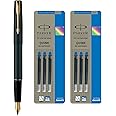 Parker Frontier Matte Black GT Fountain Pen + Quink Ink Cartridge - Blue (Pack of 6)