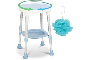 Randaco Taburete de Ducha Giratorio 360°,con Compartimento de Almacenamiento y Bola de baño,42-54cm Altura Regulable,Antideslizante,para Personas Mayores,Embarazadas