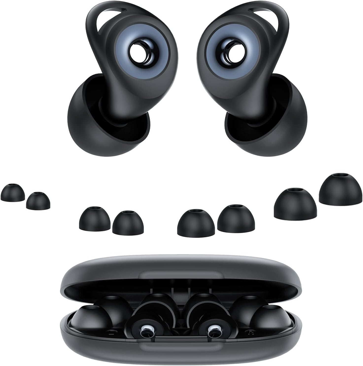 Tapones Oidos Ruido Dormir, Cancelación de Ruido de 45 dB, Tapones Oidos Rreutilizables de Silicona Blanda, 4 Tamaños (XS/S/M/L), Tapones Adecuados para Dormir, Viajar, Concentrarse o Concierto, Negro
