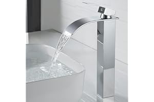 kisimixer Grifo de Lavabo Alto Cascada Moderno, Mezclador Monomando Lavabo con Prima Valvula de Ceramica, Grifo de Baño Alto Cascada, Agua Fria y Caliente Disponible, Latón Cromado