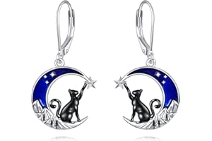 VONALA 925 Sterling Silver Celtic Moon Cat/Cow/Star Leverback Earrings Cat Animal Jewellery Birthday Gifts for Women Girls