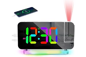 Porfoyo Väckarklocka med projektion, projektionsväckarklocka med RGB-LED-spegelklocka, nattlampa i 10 färger och 180° roteran