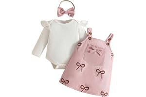 LUVCES Neonata Bambina Gonne Set Autunno Manica Lunga con Cuore Top + Velluto a Coste con Bretelle Abito+ Fascia per Capelli Abiti 3Pcs San Valentino Completo