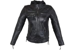 EURO STARS Damen Biker Lederjacke Schwarz mit Kapuze und Protektoren, Damen Motorradjacke, Damen Bikerjacke, Damen Lederjacke, Damen Jacke (XL, Black)