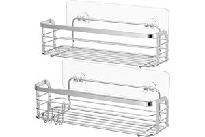 Avoalre Etagère Douche Adhesive Serviteur de Douche sans Percage Acier Inoxydable Rangement Salle de Bain Panier avec Crochet pour Toilette Cuisine Pas de Forage - Lot de 2