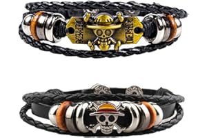 PYAIOVR 2 Pezzi One Piece Bracciali, One Piece Braccialetti Merch, Bracciale Avvolgente Con Occhio Del Diavolo Con Accessori A Forma Di Teschio E In Pelle Tressata,One Piece Gadget(2Colores)