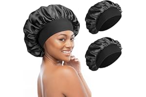 TEOZBLU 2 Pieces Bonnet Soie Cheveux Nuit, Bonnet de Sommeil Chapeau Nuit, Bonnet de Nuit en Satin pour Le Soin des Cheveux, Bonnet en Satin pour Femme-Negro