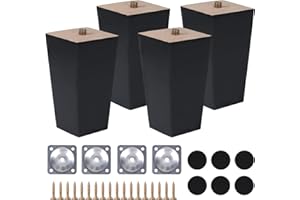 COEWUR 4 Pezzi Piedini per Mobili in Legno 10cm Nero Quadrate Gambe per Mobili con Piastra di Montaggio Viti Pad Antiscivolo Piedini di Ricambio per Armadio Divano Letto Mobile TV