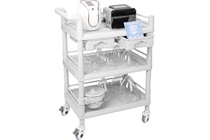 MEIFULY Beauty Trolley Cart with Handrail, Bucket, 2 Big Drawers, 3-Tier Heavy-Duty Vacuum Therapy Machine, Load 330lbs, 360° Rotate Silent Wheels