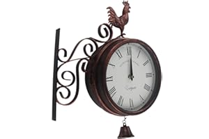 Timelike Orologio da parete da giardino per esterni, con galletto e campana, con staffa per stazione, da appendere, vintage, al quarzo, in ferro, orologio da parete retrò per decorazione domestica