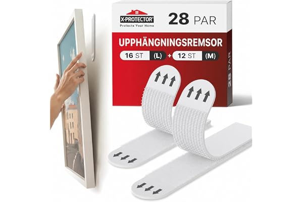 X-PROTECTOR tavelupphängare – 28 par tavelkrokar utan borrning | Dubbelsidiga självhäftande fästkuddar för tavlor – montering utan borrning, håller upp till 9 kg (storlek M + L)