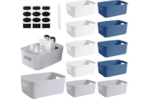 GAOHAN 12 Packs Plastic Storage Boxes with Handles, 3 Colours Small Portable Storage Boxes, Cupboard Organiser Baskets for Kitchen, Bathroom, Office, Home