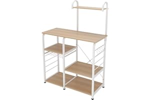 DlandHome mobiletto cucina Scaffale Microonde da Cucina,Mensola per Forno di Legno e Acciaio Robusto, 4-Tier e 6 Staccaggio Carico Max 20kg, Altezza 140CM con 3 Ganci, Portaspezie Organizzatore, Maple