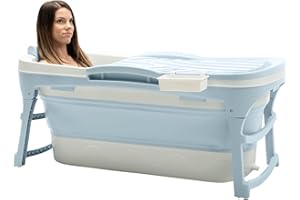 HELLO BATH HelloBath® Bañera Plegable L 128x60x58 cm para Adultos | Bañera Portátil con Cojín, Luz LED, Portajabón & Rodillos de Masaje | Baño de Hielo & Tina Exterior para Verano & Invierno | Azul