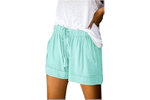 Shffuw Linen Shorts Women Ladies Solid Colour Drawstring with Pockets Elastic Waist Loose Casual Pants Summer Clothes Cotton Beach Walking Shorts for Women UK