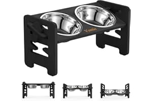 Vantic Gamelle Chien Surelevee, Porte Gamelle pour Chat et Petit Chien réglable, Durable Bambou Support Gamelle Chien Surélevée avec 2 Bols en Acier Inoxydable et Pieds antidérapants, Noir