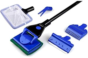 Greatangle Nettoyant d'aquarium 5 en 1 Ensemble Propre Filet de Poisson râteau Gravier grattoir d'algues Fourche à Gazon éponge Brosse Verre Outil de Nettoyage de réservoir de Poisson Bleu