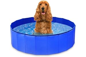 GOPETEE Foldable Dog Pool, Paddling Pool for Dogs Cats Pet Kids Outdoor Indoor Swimming Pool PVC Non-Slip Hard Bathing Bath Tub for Garden Patio Bathroom Medium Blue, M - 100*30CM Ocean Wave