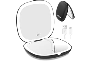 WOBSION Miroir de Poche Rechargeable, Miroir de Maquillage pour Voyage, Petit Grossissant 1x/10x Miroir Lumineux pour Femme, Double Face Lumière Dimmable LED Miroirs pour Sacs à Main, 10cm, Noir