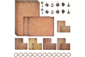 SIYINGSAERY 6 Sets Vintage Letter Writing Paper and Envelopes Set Writing Paper Stationery Set, 24 Vintage Letter Paper,12 Aged Envelopes,12 Metal Accessories,12 Hemp Ropes for Handmade Letter