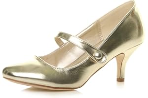 AJVANI Womens Ladies Low mid Heel Mary Jane Strap Work Party Court Shoes Pumps Size