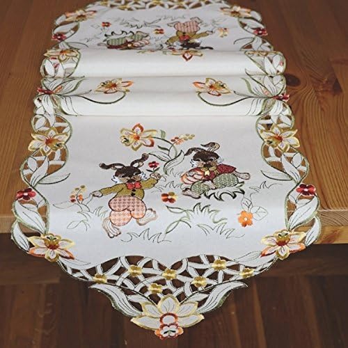 Natural-Coloured Table Runner Embroidered Easter Bunnies "(40 x 140 CM)
