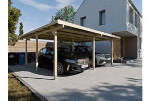 Woodtex Holz Doppel-Carport | 595 x 495 cm | 210 cm hoch | Fichte Kiefer Carport | mit UV-Schutz | 9er Pfosten | inkl. Dacheindeckung