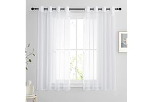 PONY DANCE Rideau Voilage - Rideaux Cuisine Transparent Lot de 2 Rideau Court 140 x 137 cm Décoration de Maison Chambre, Organza Tulle avec Oeillets Fenetre Lumineux Filtrer, Blanc, 2 PCs
