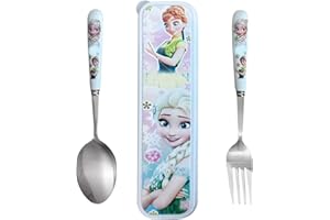 ZMRKQW Posate Bambini in Acciaio Inox, Frrozen Set Posate Bambino 1 Forchetta Bambini e 1 Cucchiai Bambini per Bambino, con Frrozen Posate Custodia, Casa Scuola Uso, Adatto ai regali ai bambini