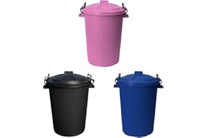 JMS we create smile Set of Black, Blue & Pink Colour 50 Litre 50L Extra Large Heavy Duty Plastic Bin Dustbin Storage Unit with Locking Lid for Home Garden Rubbish Waste Animal Feed