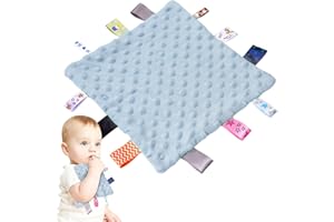 ORUZA Tag Comfort Blanket Baby, Baby Comforter with Colorful Taggies, Tag for Babies Soft Touch Comfort Blanket for Newborn Boys and Girls (Blue)