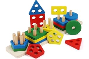 WolinTek Legno educativi del Bambino Giocattoli, Montessori Giocattoli Forme Geometriche Impilatore Giochi,Blocchi Costruzioni Puzzle di Legno,Regalo di Natale per Bambini 2 3 4 5 Anni (5 Set)