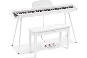 MUSTAR Piano digital de 88 teclas con taburete para piano, tamaño completo con 3 pedales, piano electrónico portátil, piano digital doméstico con USB MIDI y soporte, color blanco