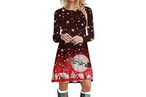 OIUHJN Damen Kleid Weihnachten Lässiges Fließendes Einfaches Swing-T-Shirt-Kleid für Damen Lockeres Tunika-Kleid Casual Kleider Damen Weihnachtskleid Damen Weihnachten Rot Weinglas Druck Partykleid