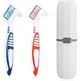 2Pcs Denture Cleaning Brush Set, Denture Toothbrushes, Denture Cleaning Care Brush with White Carrying Case, Multi-Layered Bristles & Ergonomic Rubber Handle for Denture Clean Care (Blue&Orange)