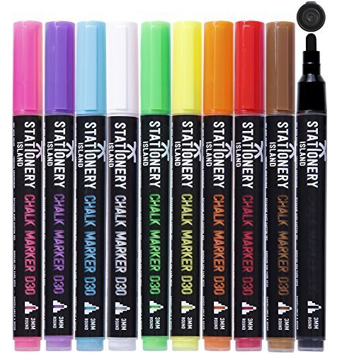 Stationery Island Kreidestift D30 3mm Feine Rundspitze – Bunt Trocken Abwischbare Kreidemarker 10er Set