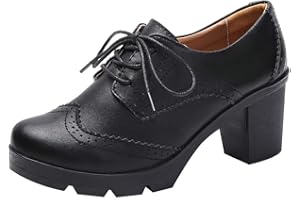 Jamron Mujer Tacón de Bloque con Cordones Brogues Derby Pumps Zapatos de Vestir