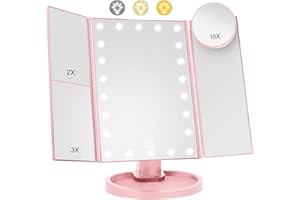WOOBROO Lighted Makeup Mirror with 22 LED Lights, Dual Power Supply 1x/2x/3x/10x Magnifying Touch Screen Dimmable Mirror, 180 Degree Adjustable Angle, Travel Cosmetic Mirror - Pink
