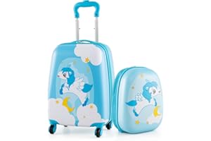 GOPLUS Kinderkoffer mit Rucksack, Kids Trolley, Kindergepäck mit Rollen, Reisekoffer mit Teleskopgriff, Hartschalenkoffer für Kinder, Kindertrolley Farbwahl (Blau Einhorn, 12"+16")