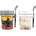 Hniuyun 2 Pack Overnight Oats Jars with Lids and Spoon, 10 oz Airtight Breakfast Jars with Measurement Marks, Mason Jars with Lid for Salads Cereal Milk Porridge Fruit